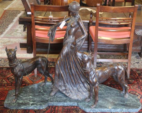 Art Deco bronze of a lady with 2  great danes